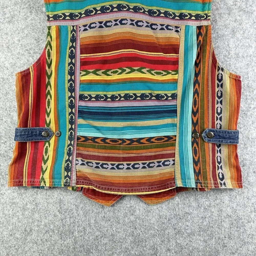 VTG Sun River Southwest Aztec Denim Vest Womens XL Western Beaded Cowboy Boho*